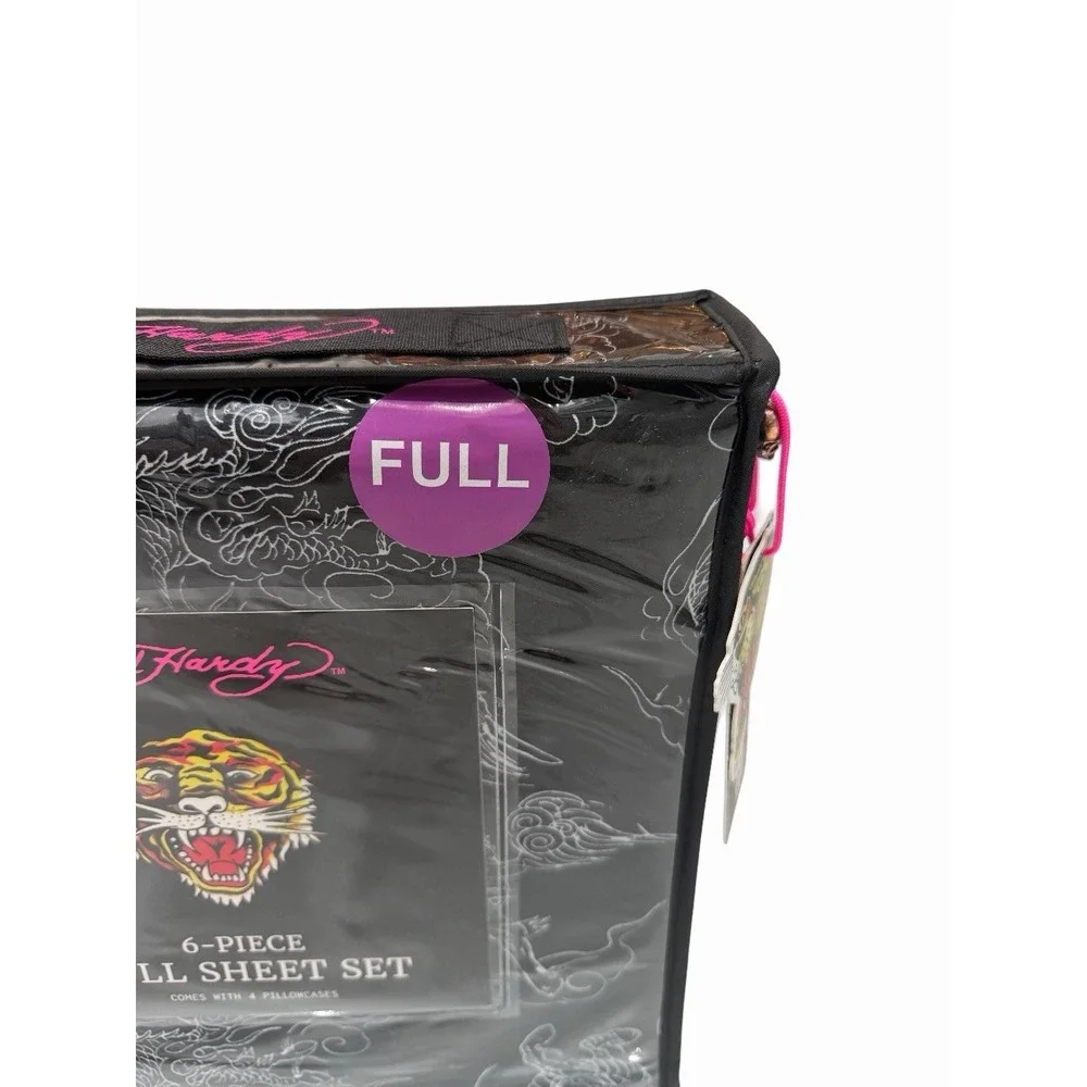 Ed Hardy Full Sheet Set 6 Piece Black Dragon Tiger Graphic Bedding New
